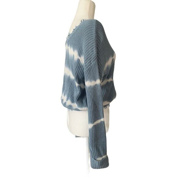 Jessica Simpson Frayed Cropped V Neck Sweater Knit Size Small Blue White Boho - Picture 3 of 9